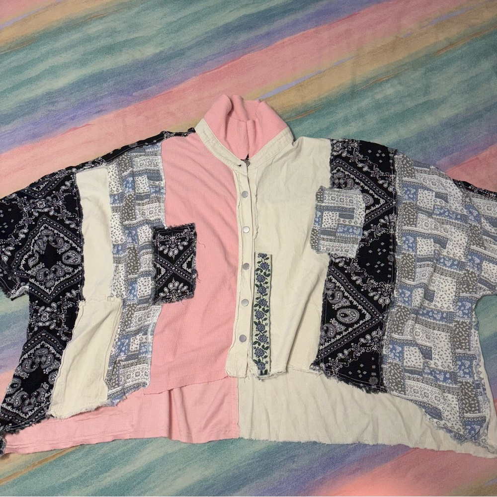 Pol Patchwork Chambray Printed Top Button Down Ov… - image 5